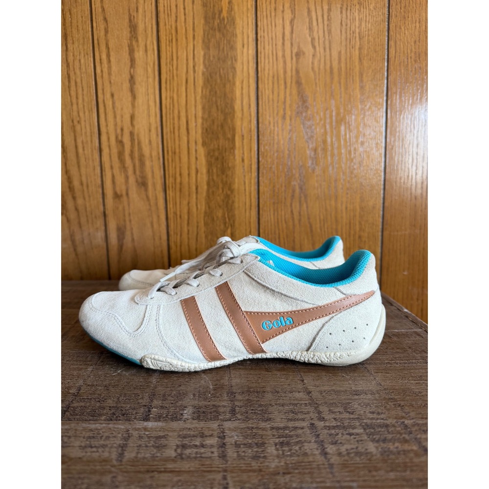 Gola Women's Cream Sneakers with Tan Stripes and Teal Lining